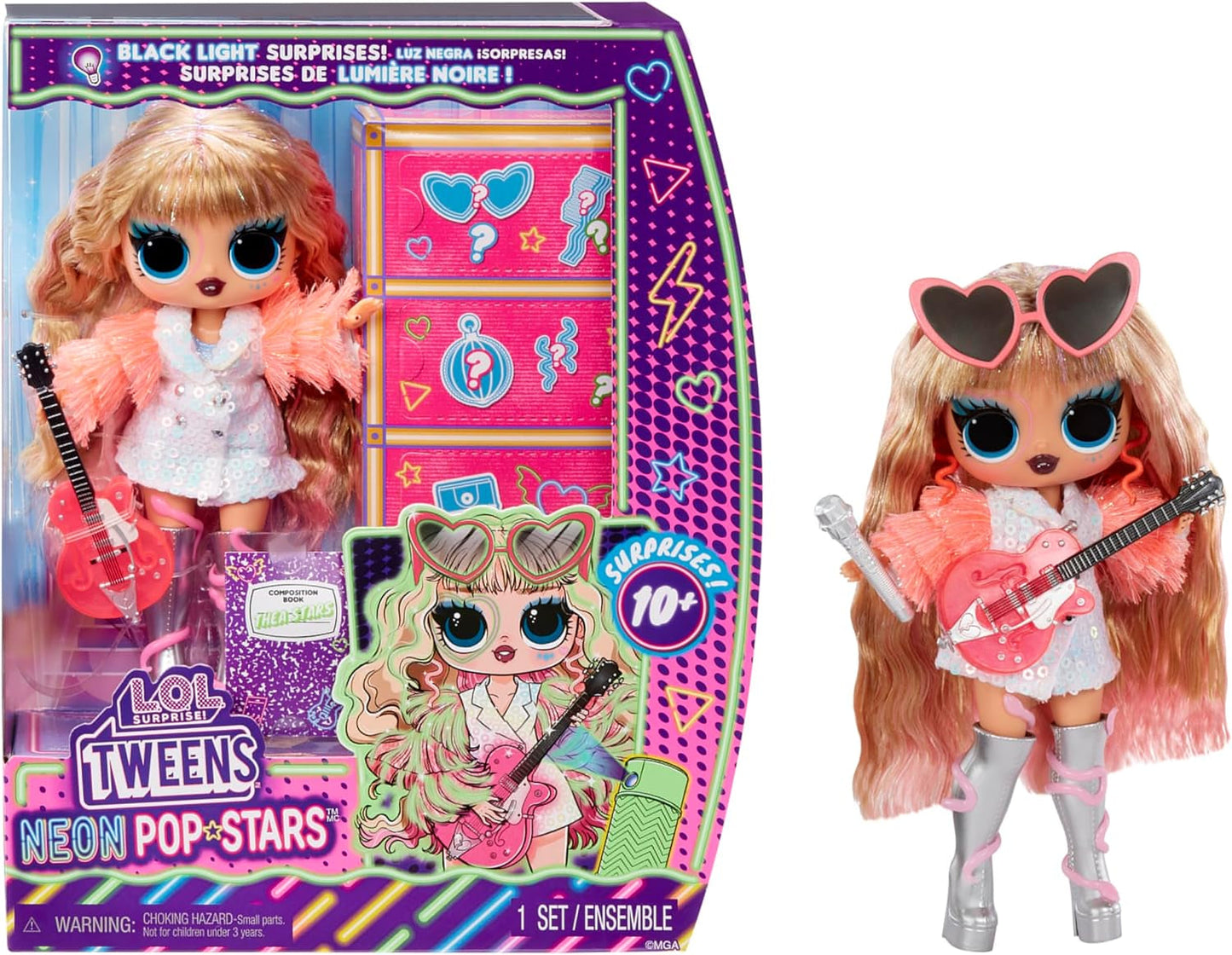L.O.L. Överraskning! Tweens Neon Pop Stars - Kitty K - 1 modedocka med bakgrundsbelysta överraskningar och 10+ Pop Star-kläder och tillbehör, inklusive retromikroband, present till barn 4+ Naty Shop Thea Stars Dolls