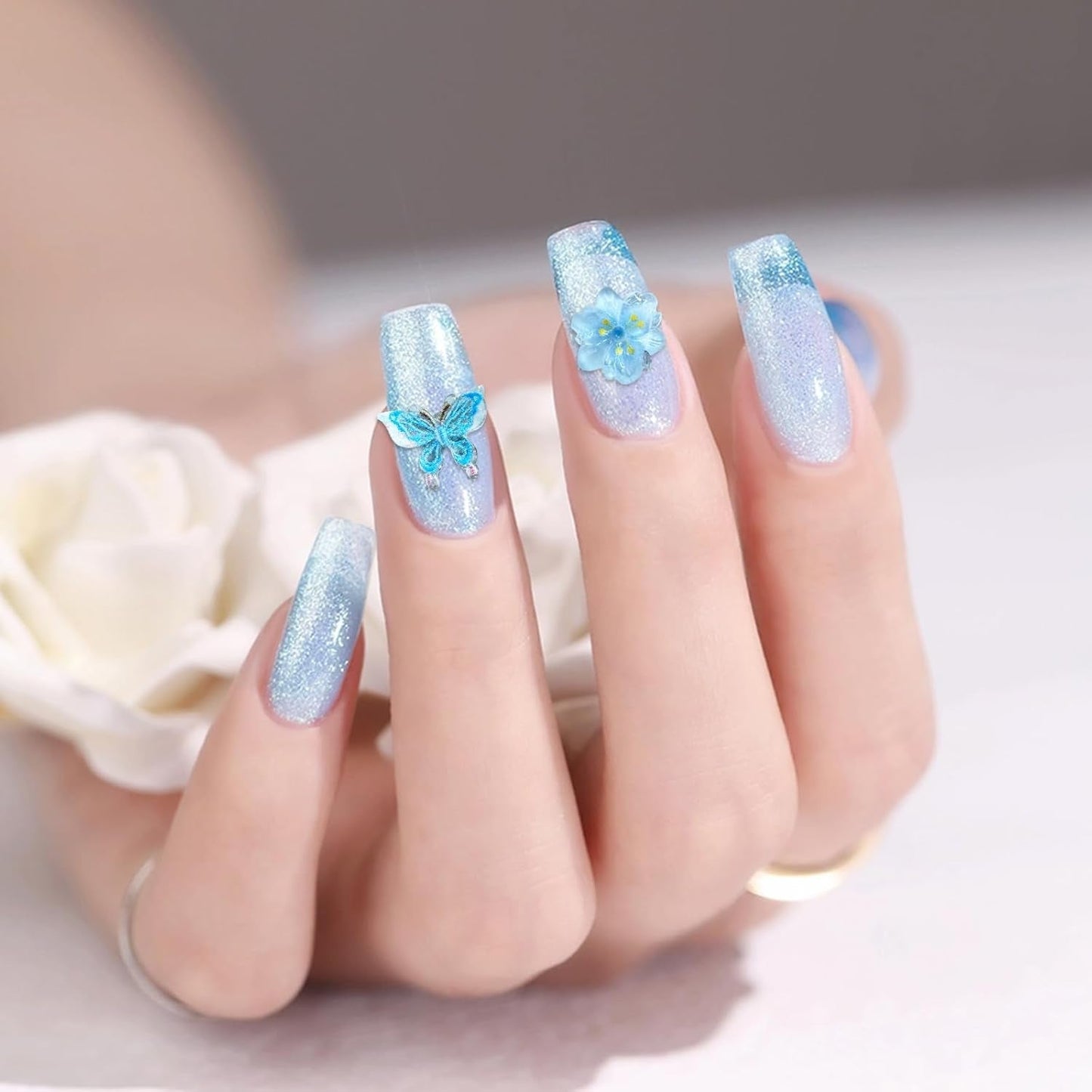 YICH Nail Charms Nägel Charms 50st 3D Blommor + 50st 3D Schmetterling, Sommar Nägel Deko Set Schmetterling/Flowers Nail Art Nailart