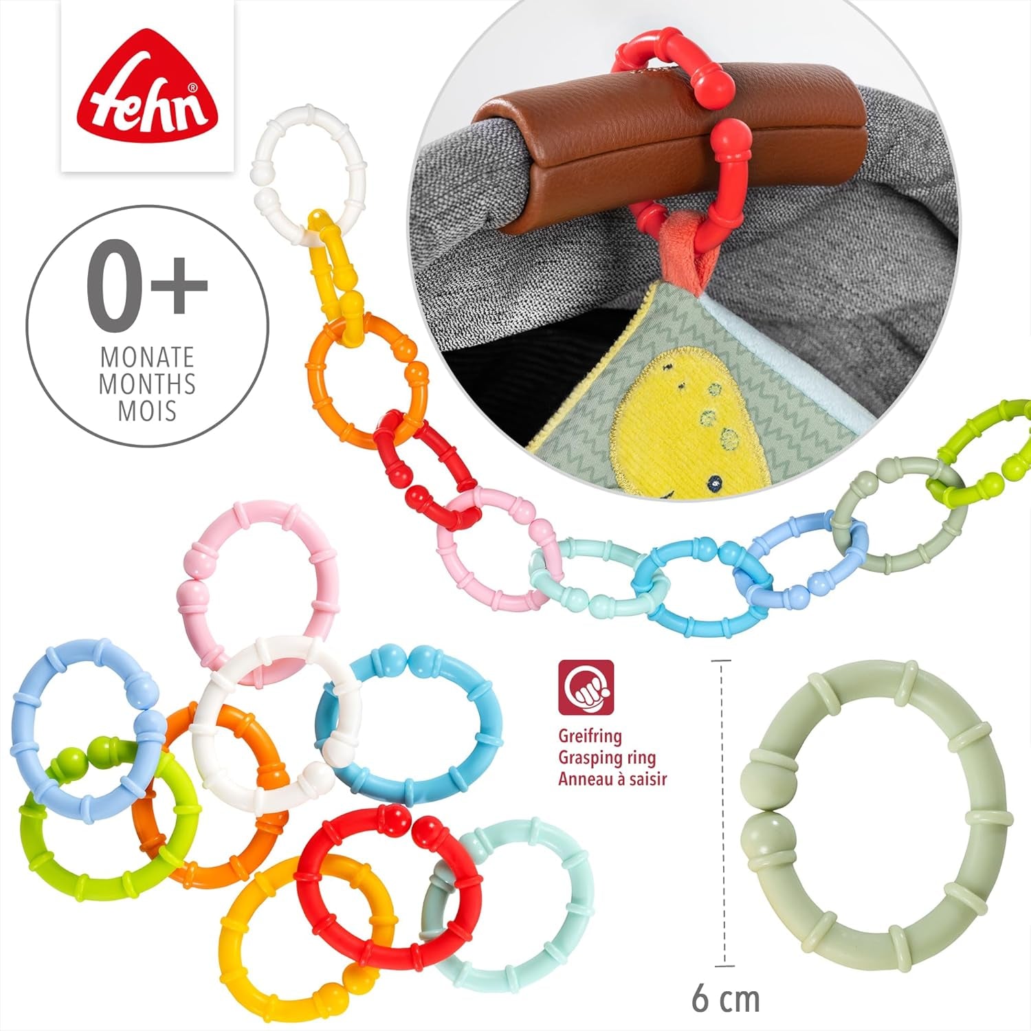 Fehn 10 uppsättning fästringar - fästkrokar för bilbarnstol, lekhage och spjälsäng - fästringar för barnvagnskedja för hemmet och på språng - C-ringar för spädbarn och småbarn från 0+ månader Leksaker Bebe Naty Shop