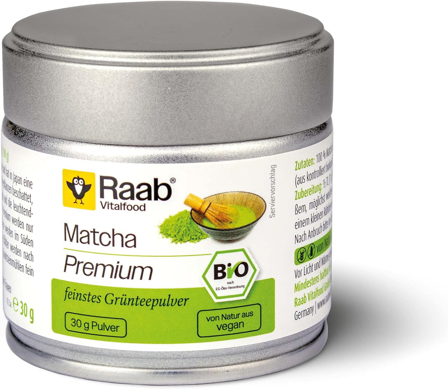 Raab Vitalfood® Premium Bio Matcha Powder (30g) - Original från Japan, rent matchapulver utan tillsatser, finmalet, mild-bitter smak, grönt tepulver, vegan, teceremoni