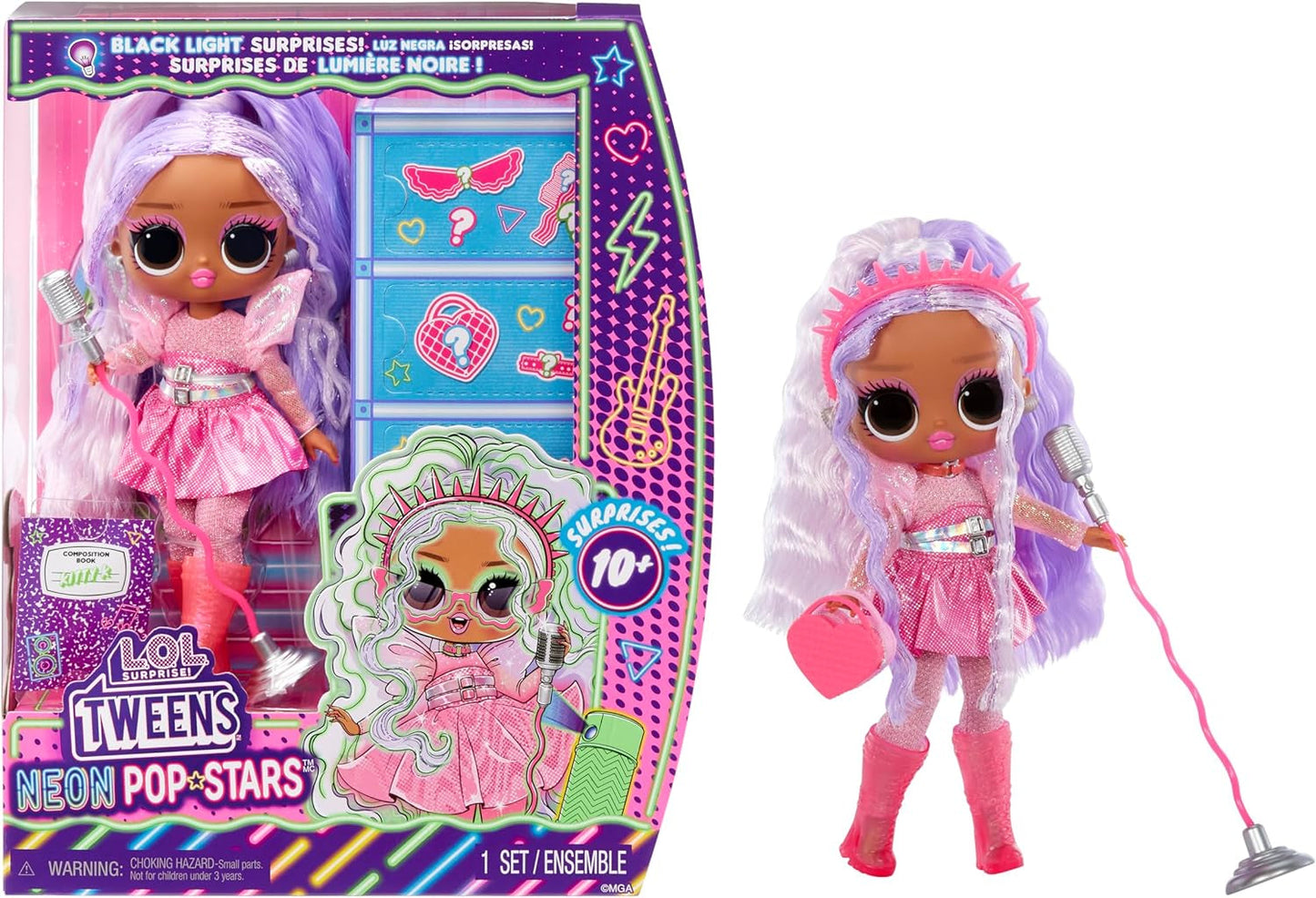 L.O.L. Överraskning! Tweens Neon Pop Stars - Kitty K - 1 modedocka med bakgrundsbelysta överraskningar och 10+ Pop Star-kläder och tillbehör, inklusive retromikroband, present till barn 4+ Naty Shop Kitty K Dolls