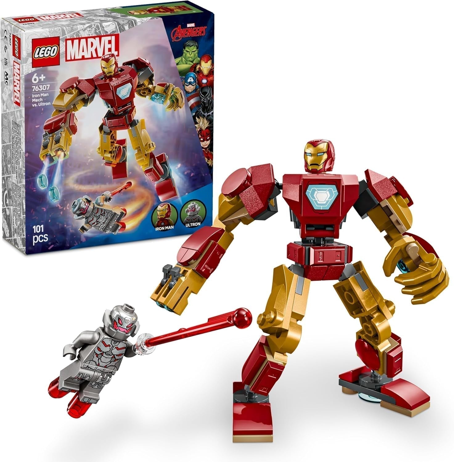 LEGO Marvel Iron Man Mech vs. Ultron - Superhjälteleksak med 2 minifigurer - Actionfigur med rörliga armar, ben och fingrar - Present för pojkar och flickor i åldern 6+ 76307 Byggset Besuche den LEGO-Store Standardtitel