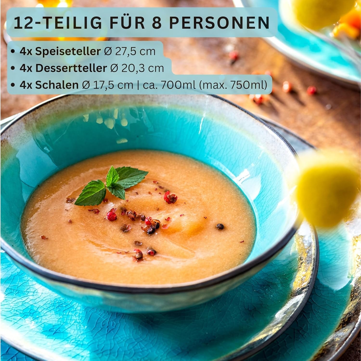 SANGER | Capri servis 12-delat servisset 4 personers servis i stengods inklusive mattallrikar, desserttallrikar och suma tallrikar Handgjord turkos middagsservering med grå kant | PREMIUM KOLLEKTIONEN
