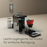 Siemens EQ500 helautomatisk espressomaskin TQ513D01, många kaffespecialiteter, mjölkskummare, integrerad mjölkbehållare, automatisk ångrengöring, 1500 W, naturligt ljus silver/piano svart