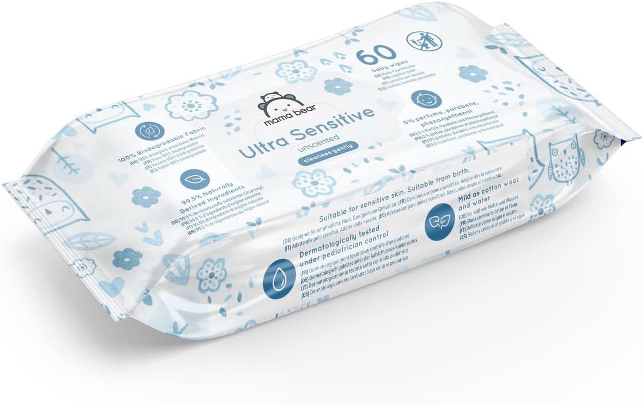 Mama Bear Ultra Sensitive Baby Wipes Doftfri 1008 Antal (18 förpackningar om 60) Naty Shop