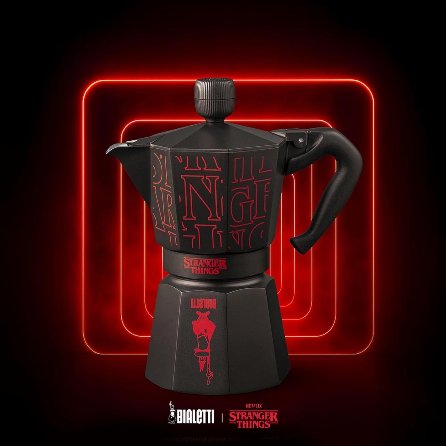 Bialetti Moka Express Stranger Things 6-kopps kaffebryggare, musikknapp med USB-C-laddningsfunktion, inte lämplig för induktionshällar, 6 koppar (270 ml), svart