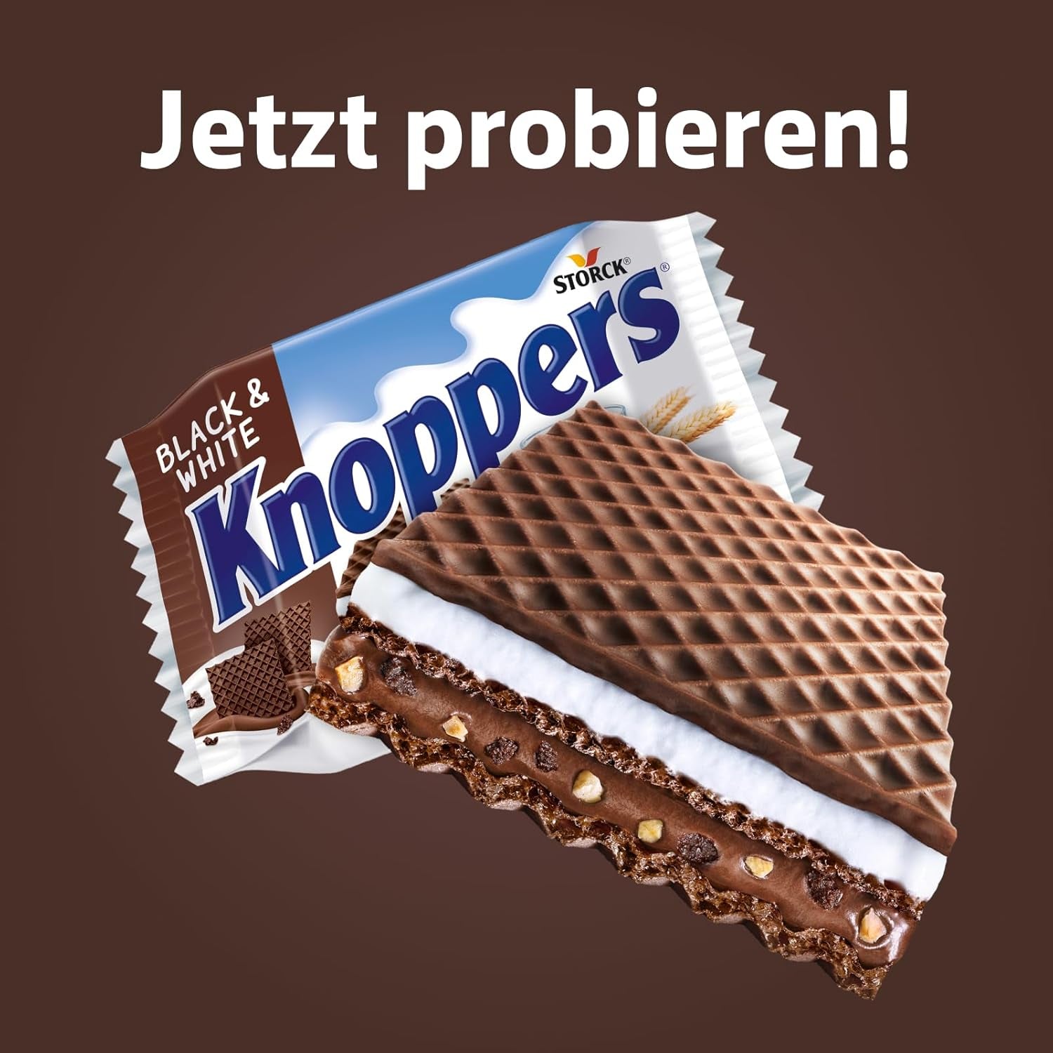 White and Black Knoppers – 8 x 25g – Rånskivor fyllda med mörka kakaobrån, bitar av svarta kex, mjölk och nougatkräm