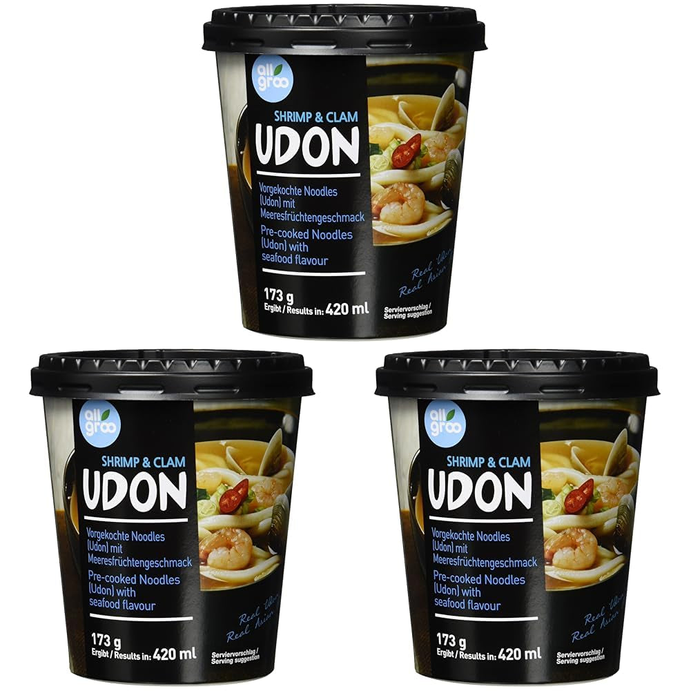 Allgroo Udon Cup Instant Nudles - Smakrik kryddig skaldjur Udon Soppa - Snabb förberedelse (1 x 173g)