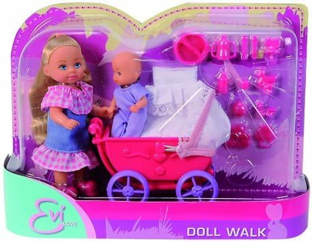 Simba 105736241 Evi Love Walk Doll 2 Diverse Evi Doll med Baby Doll med Dockvagn Inklusive tillbehör Modedocka 12cm för barn 3+