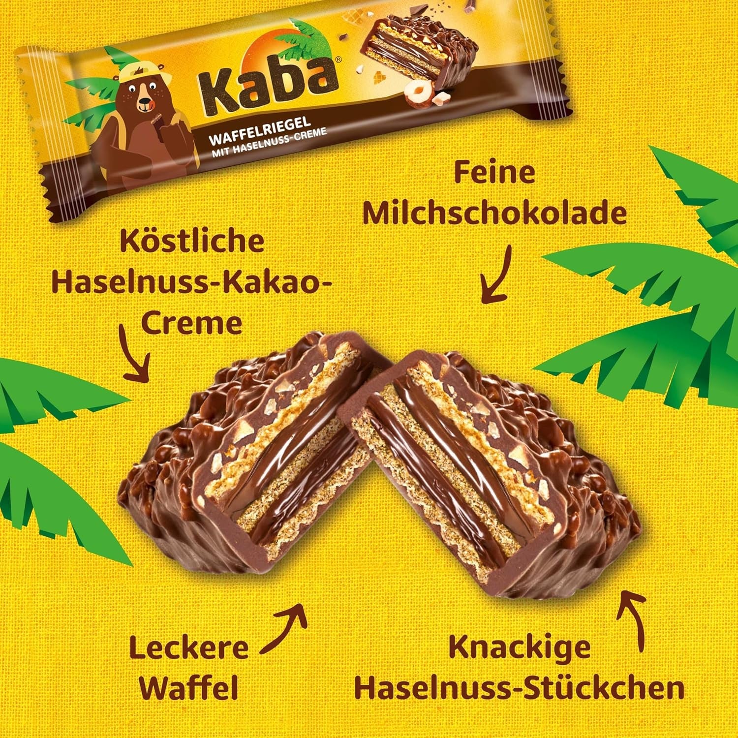 Kaba Neapolitan bars 40g, 4 knapriga bars fyllda med wafers och fin hasselnötskräm, i multipack med original Kaba-smak