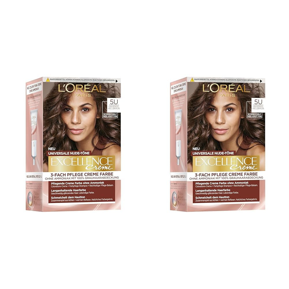 L'Oréal Paris Permanent hårfärgning för varje hudton, färgning utan ammoniak, universella nakentoner med full täckning av grått hår, Excellence Creme, nr. 5U Light Chestnut (Brun), 1 st Naty Shop Hair Dye 5U 192 G (Pack of 2)