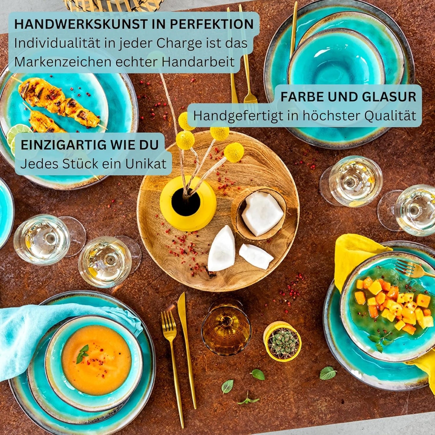 SANGER | Capri servis 12-delat servisset 4 personers servis i stengods inklusive mattallrikar, desserttallrikar och suma tallrikar Handgjord turkos middagsservering med grå kant | PREMIUM KOLLEKTIONEN