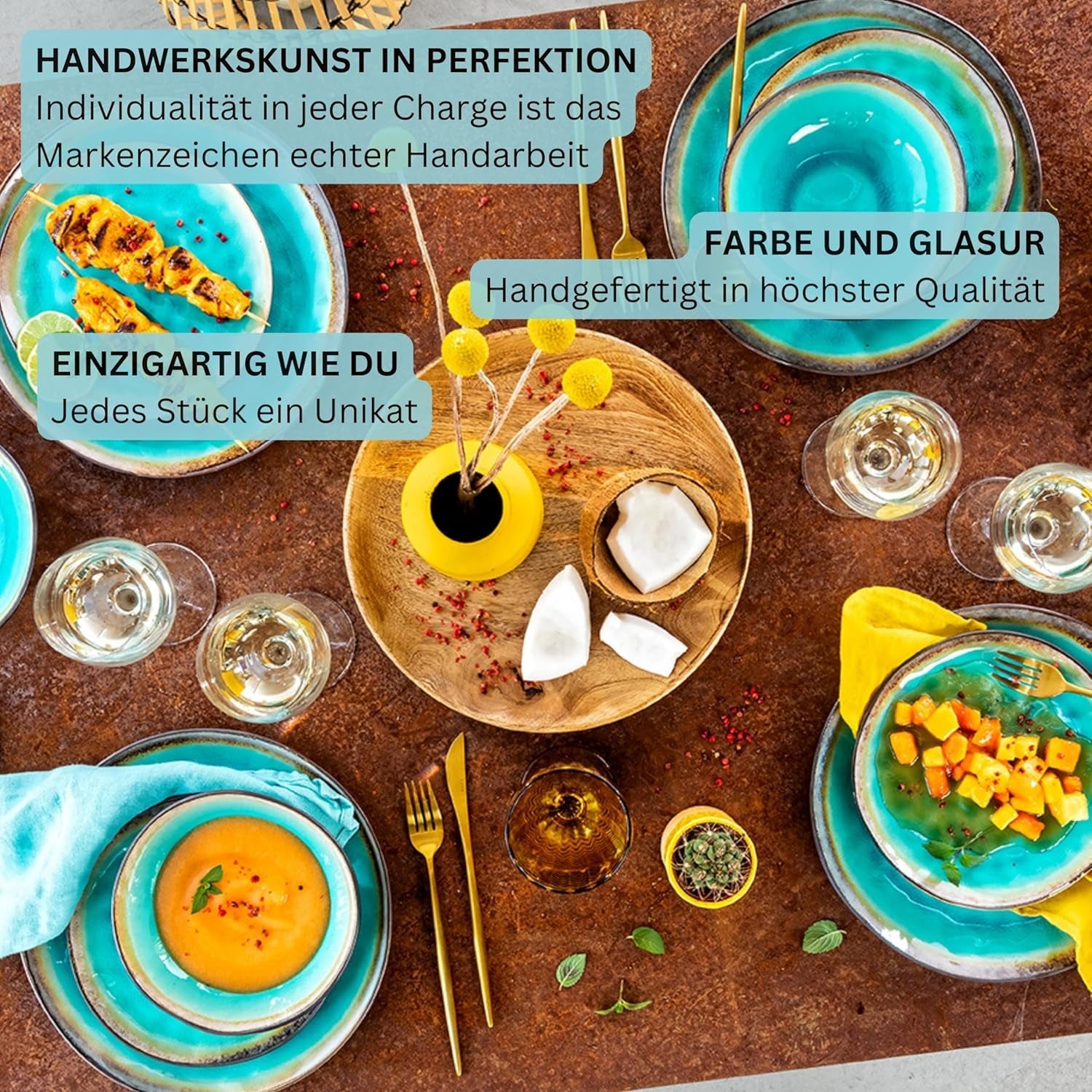 SANGER | Capri servis 12-delat servisset 4 personers servis i stengods inklusive mattallrikar, desserttallrikar och suma tallrikar Handgjord turkos middagsservering med grå kant | PREMIUM KOLLEKTIONEN