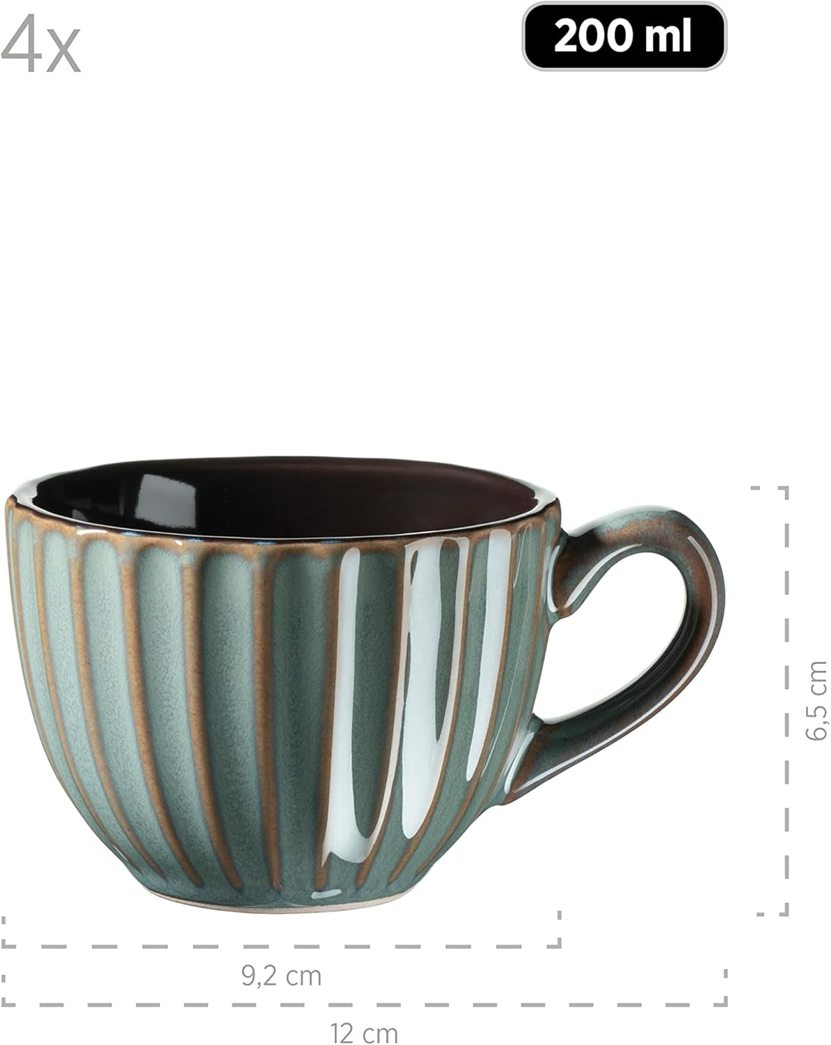 MÄSER 931966 Confino Series servisset för 4, modern vintagelook, keramiskt frukostset, 12-delat, bensinfärg med svarta accenter, stengods