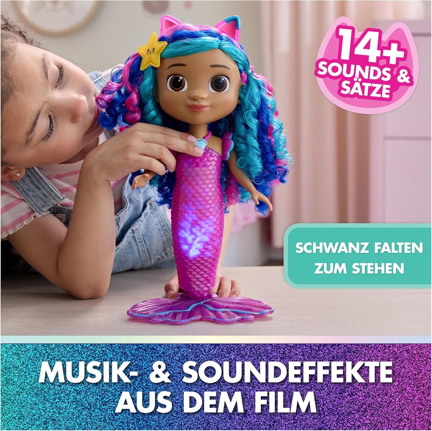 DREAMWORKS GABBY'S DOLLHOUSE – Sing & Shine Meerjungfrau Gabby, 35 cm stor Puppe mit Licht- und Soundeffekten, spricht Deutsch, für Kinder ab 3 Jahren