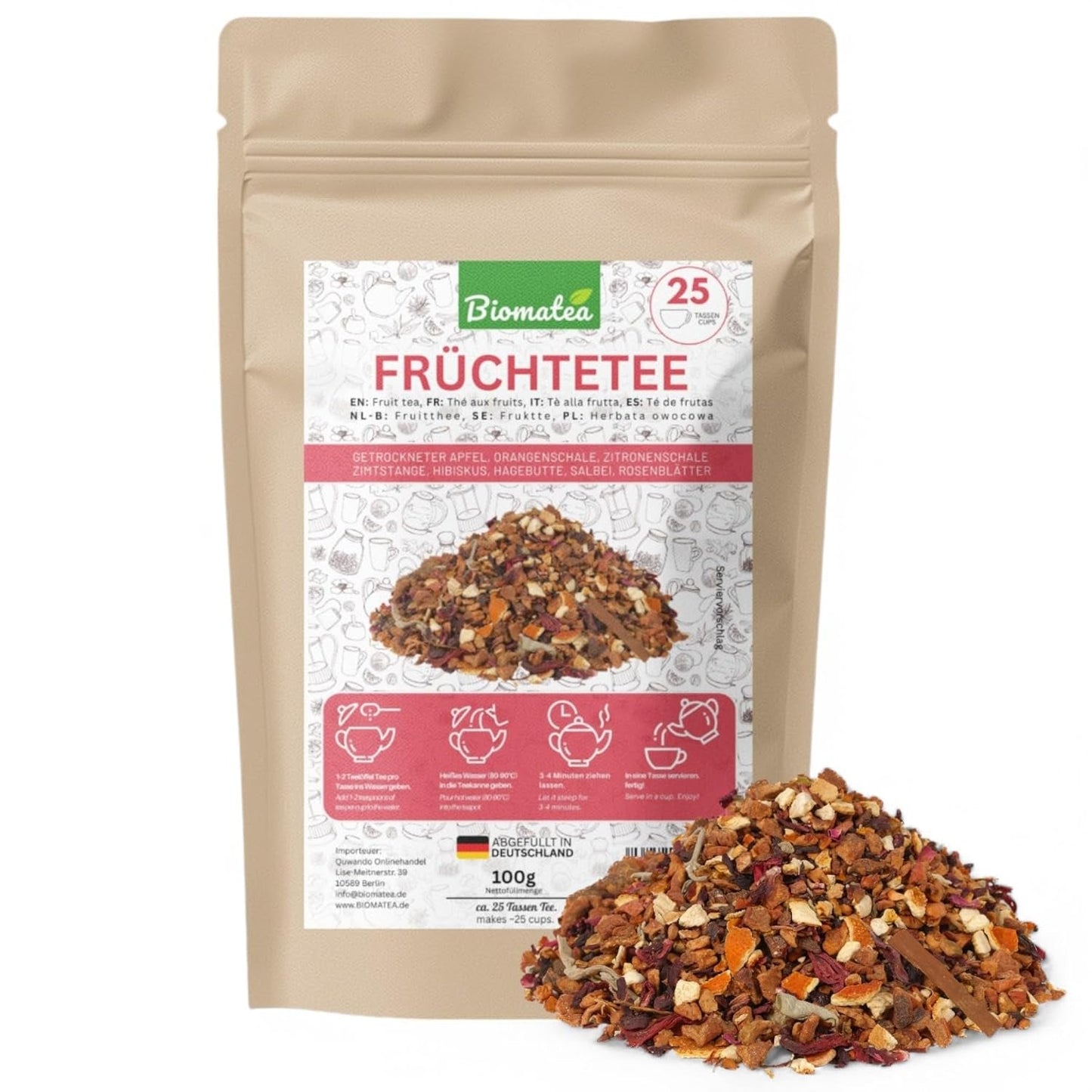 Fruktte – 100g Smaksatt fruktblandning med äpple, hibiskus och kanel – Ziplock-påse, ca. 25 koppar – Inga tillsatser, förpackad i Tyskland