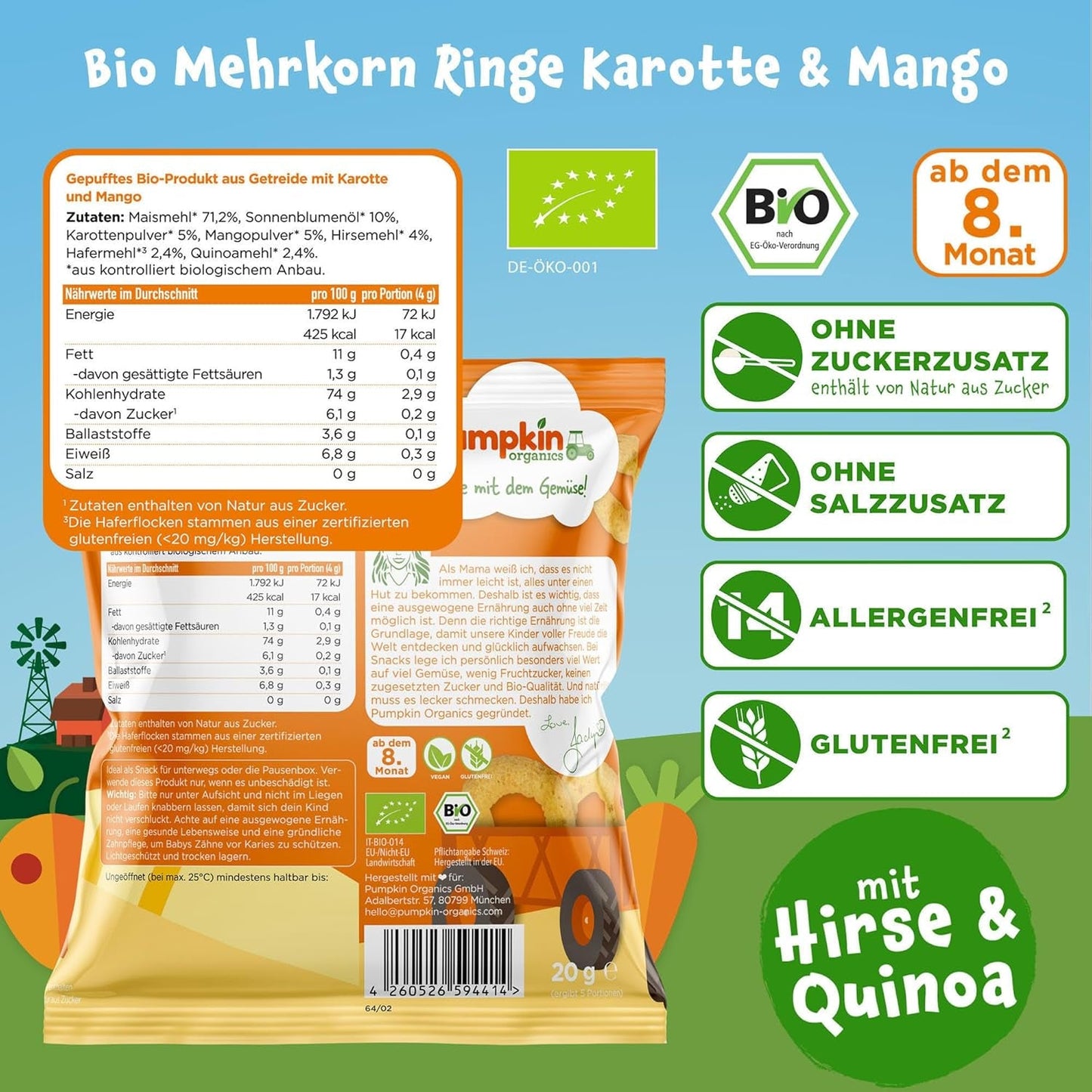 Pumpkin Organics Baby Multigrain morots- och mangoringar (förpackning med 8) Tillsatsfria babysnacks från 12 månader - Allergenfri² och glutenfria³ Baby Crunchy Snacks (8 x 20g)