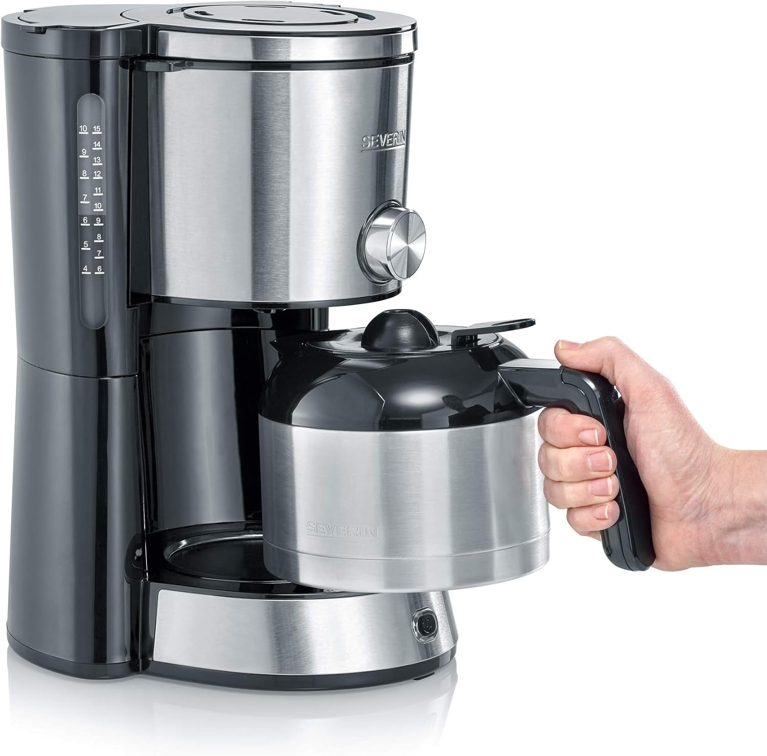 SEVERIN "TypeSwitch" espressomaskin med termokanna, AromaSwitch för att välja mellan 2 bryggprofiler, kaffemaskin för upp till 10 koppar, 1000W, borstat rostfritt stål-svart, KA 4845