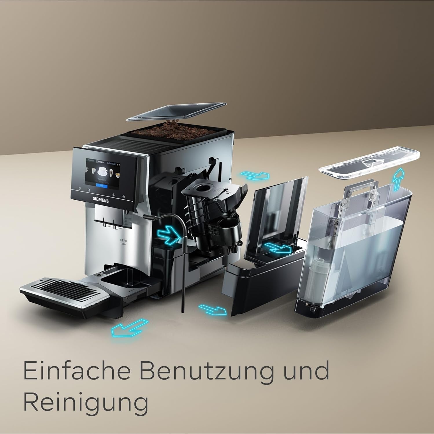 Automatisk espressomaskin Siemens EQ700 classic TP715D01, appkontroll, kallbryggning, intuitiv pekskärm, upp till 10 individuella kaffekreationer som favoriter, automatisk ångrengöring, 1500 W, silvergrå