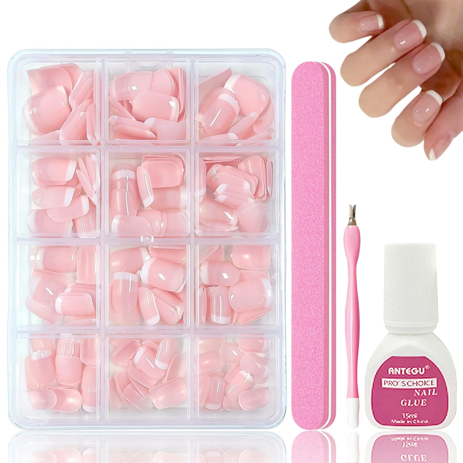 240 Set Korta franska lösnaglar, fyrkantiga konstgjorda naglar, lim på naglar, akryl nagelspetsar, lösnaglar för kvinnor, DIY Nail Art
