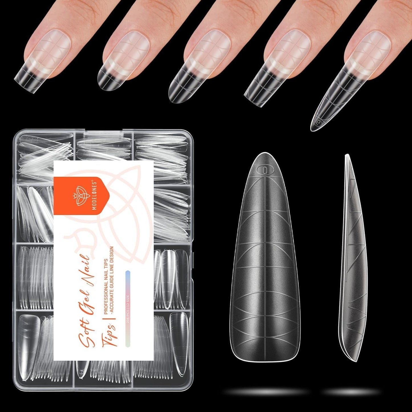 Modelones Nail Tips 216 bitar - Heltäckande Nail Tips Set, Soft Gel Tips Set, Pre-Polishing PMMA Resin Nail Tips, DIY Lime On Nail Art konstgjorda naglar, korta mandlar XS