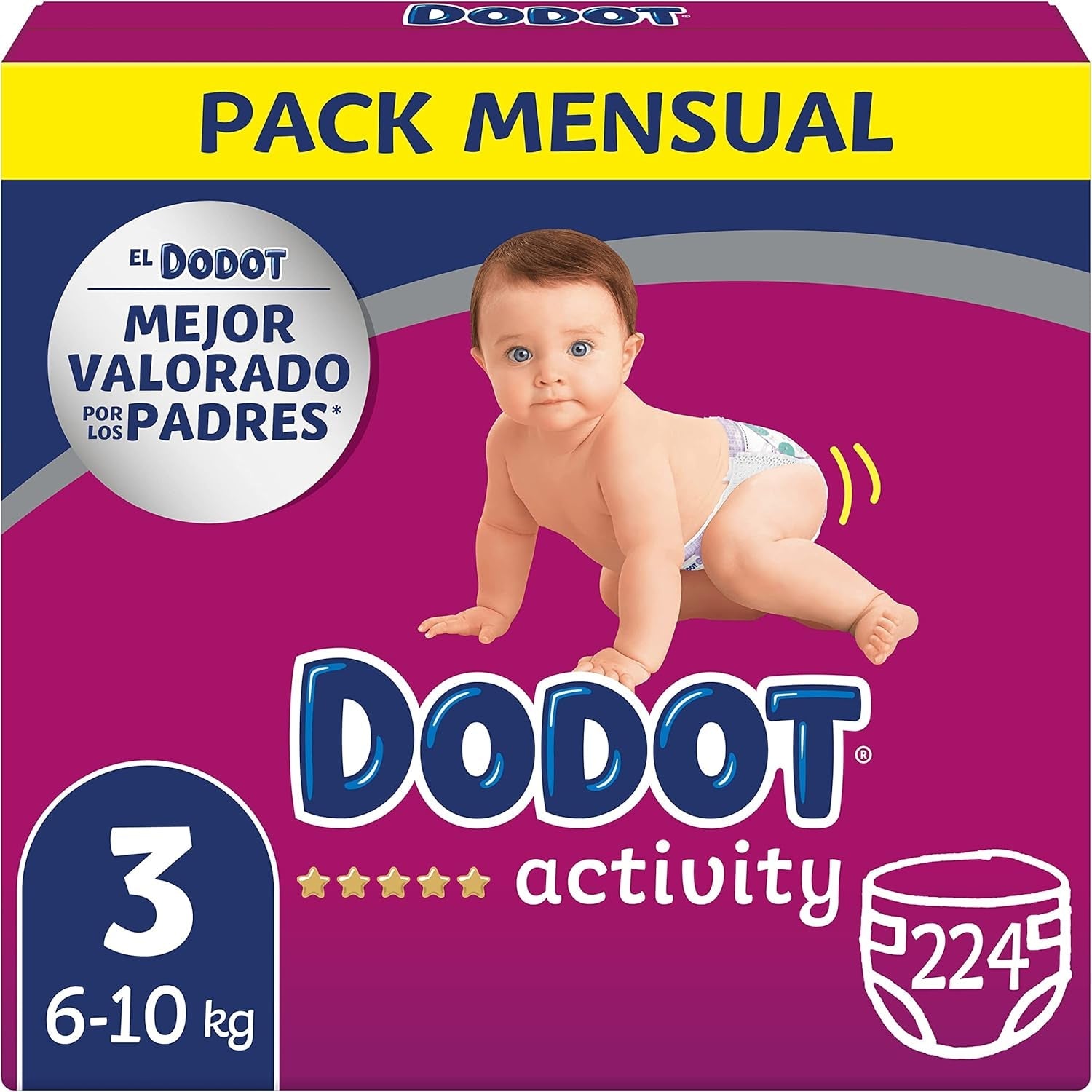 Babyaktivitetsblöjor, storlek 3 (6-10 kg), 224 blöjor med robust passform