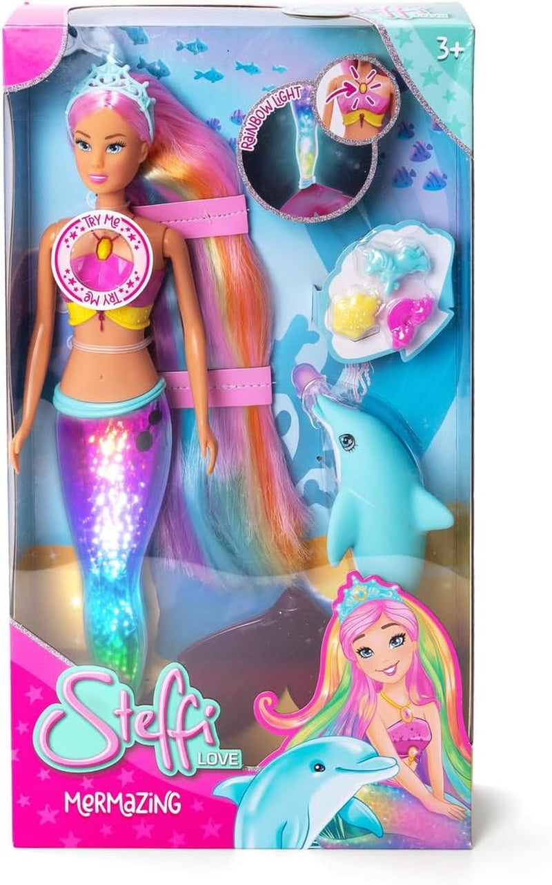 Simba Steffi Love Mermaizing Mermaid Doll med regnbågsljusfunktion, extra långt hår, delfinfigur och hårklämmor, 39 cm höjd, prova-mig-funktion, åldrar 3+