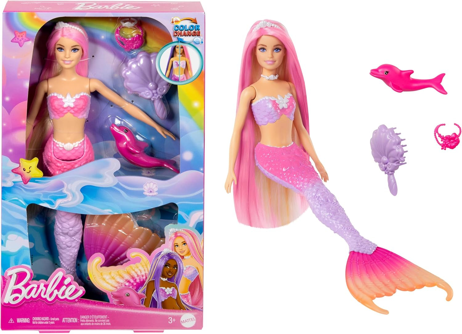 BARBIE sjöjungfrudocka - Inspirerad av tv-serien "Barbie: Hidden Magic" med färgskiftande effekt och accessoarer, 19 cm långt rosa hår för styling, för barn från 3 år och uppåt, HRP97