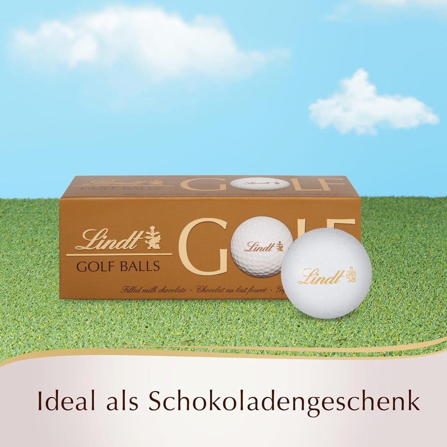 Lindt Schokolade - Golfbollar | 110 G| Drei Golfbälle Aus Lindt Vollmilch-Schokolade Mit Nougatcremefüllung Und Waffelstückchen | Pralinengeschenk | Present till golfare | Schokoladengeschenk Naty Shop
