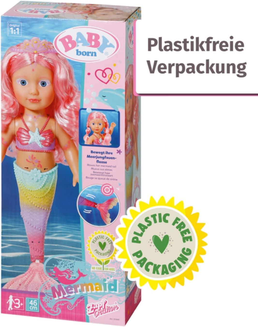 BABY Born Little Sister Mermaid 46 cm Vattentät sjöjungfrudocka med långt hår och rörlig glitterfena, inkl. tiara och kam, 833681 Zapf Creation Dolls Naty Shop