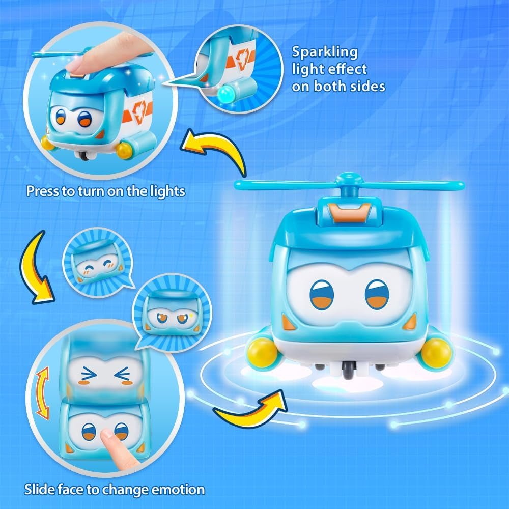 Super Wings Super Pets 4 ST Shine, Golden Boy, Jerome, Ellie Switchable Ansiktsuttryck Blixteffekt Bärbar leksak för 3 4 5 6 7 8 Years Old Boy Girl 2 Inch Actionfigurer Naty Shop