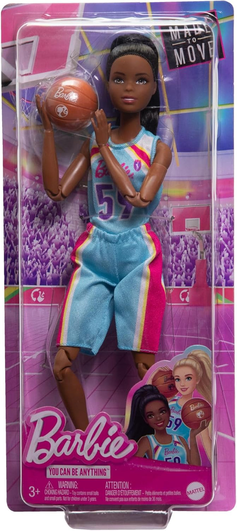 Barbie Made to Move Docka och tillbehör, brunettbasketspelare med avtagbar sportklänning och boll, 22 ledade leder, HKT74