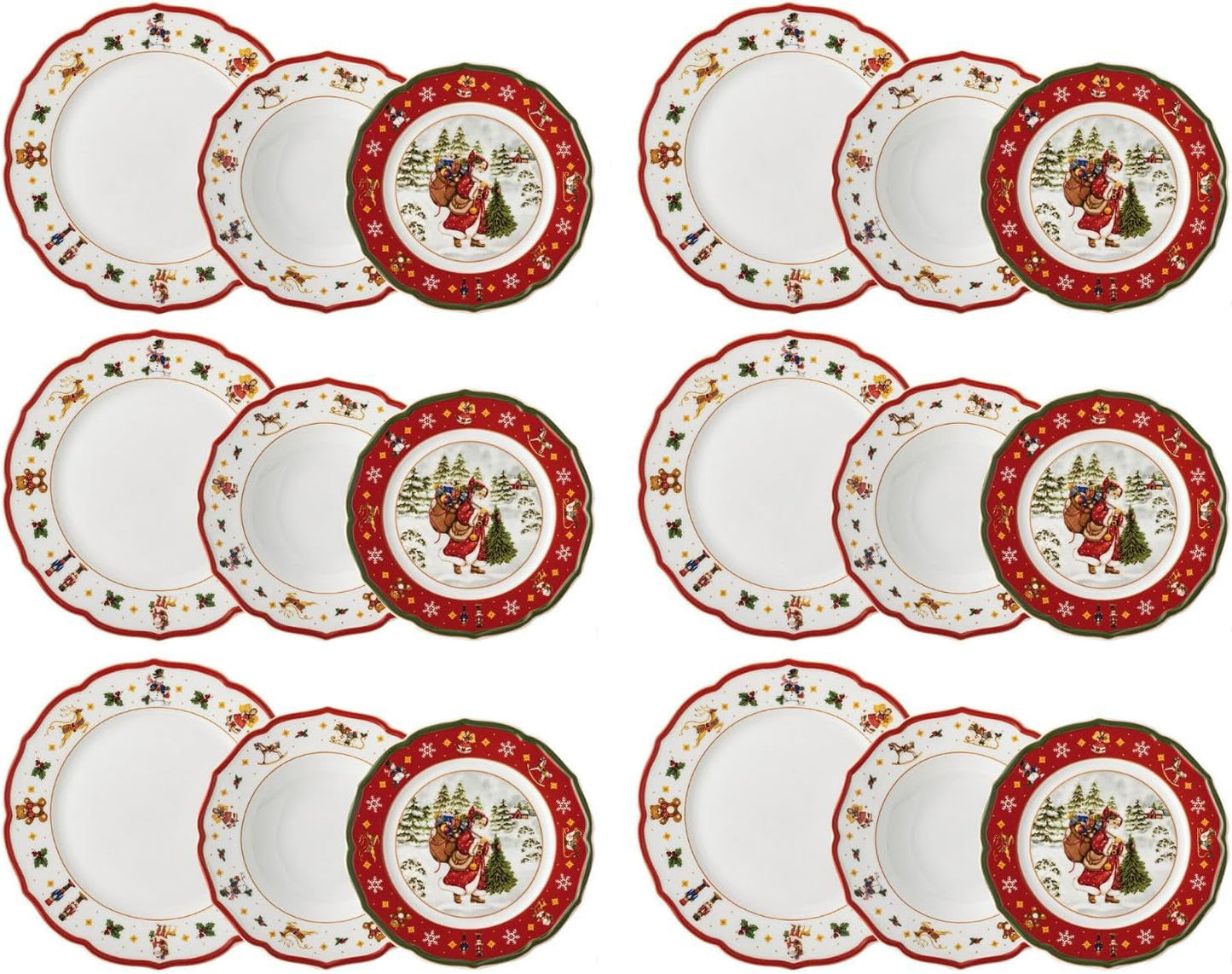 Hutschenreuther Happy Wintertime Red Christmas servisset för 6, porslin, flerfärgat, 6 frukosttallrikar, 6 middagstallrikar och 6 middagstallrikar, diskmaskin och mikrovågssäker