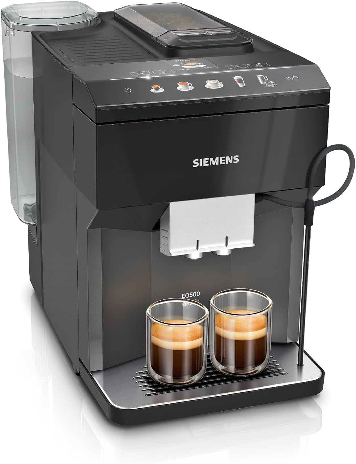 Siemens EQ500 klassisk automatisk espressomaskin, TFT färgskärm, 5 sorters kaffe och mjölk, dubbelkoppsfunktion, enkel rengöring, avtagbar bryggenhet, med mjölkslang, svart, TP511E19