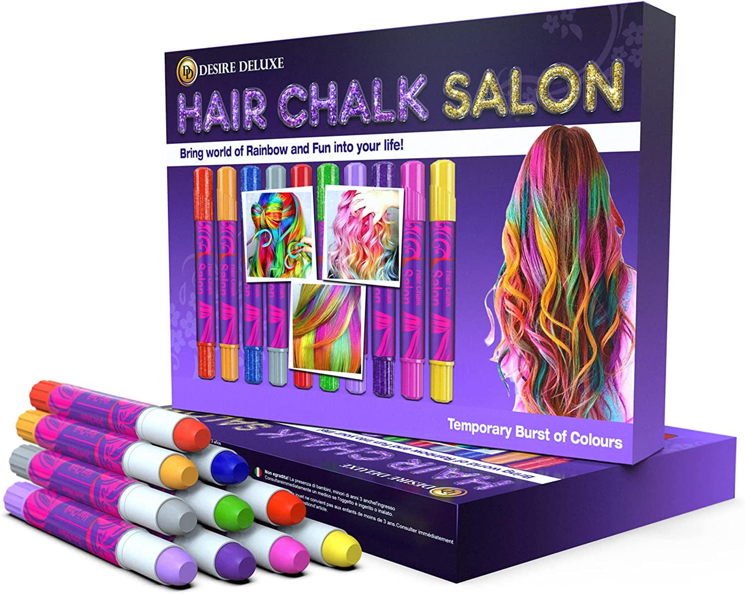 Desire Deluxe Hair Chalk-presenter för flickor, hårkrita för hårfärgningsleksaker till jul, 10 tvättbara hårfärgspennor för karneval, 3 4 5 6 7 8 9 11 år gammal hårfärgning Naty Shop Standardtitel
