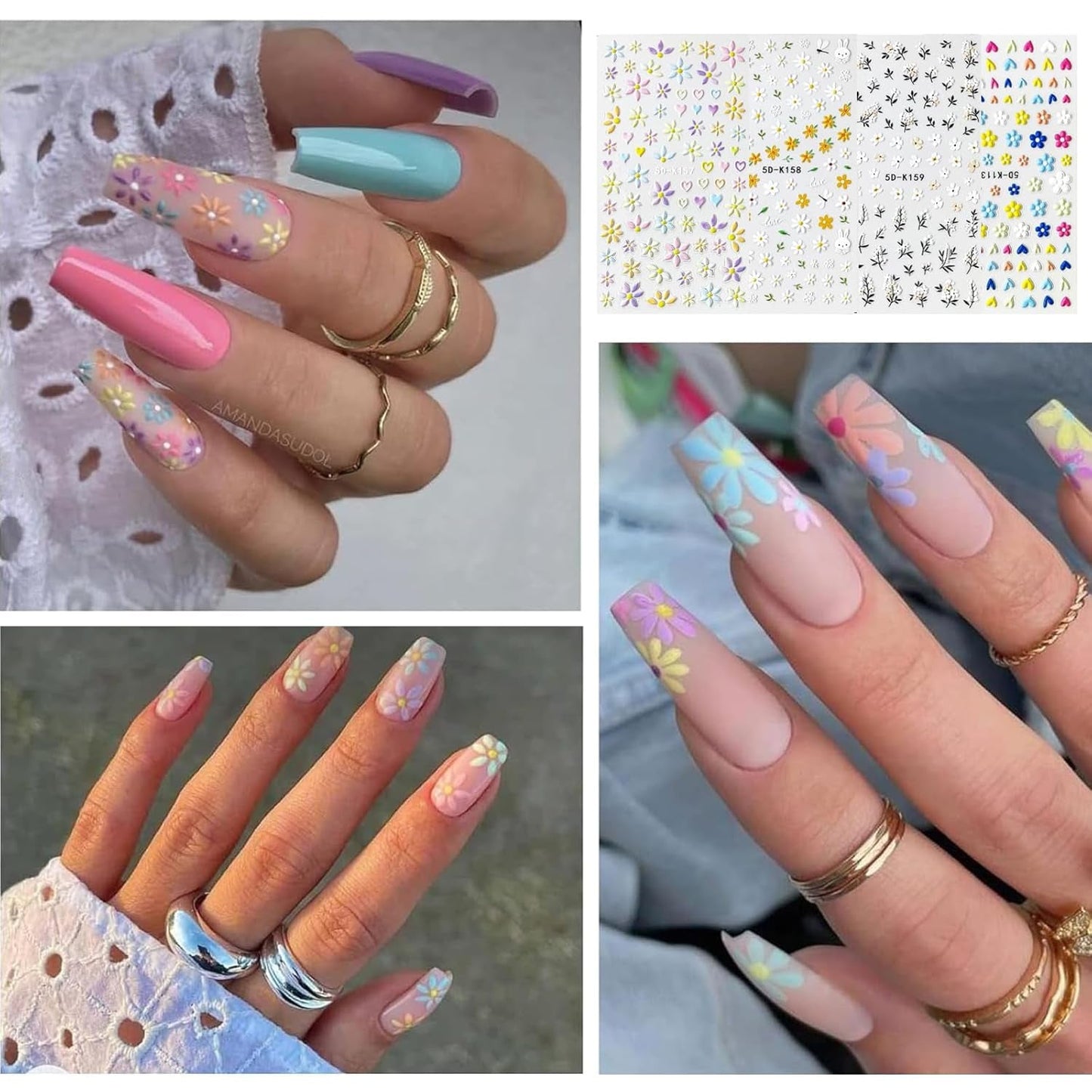 Nagelsticker Set Für Einzigartiges Nageldesign, 4 Blatt Frühlingsthemen Nail Art Zubehör, Perfekt Für 3D Gel Nägel Och UV Gel Strips