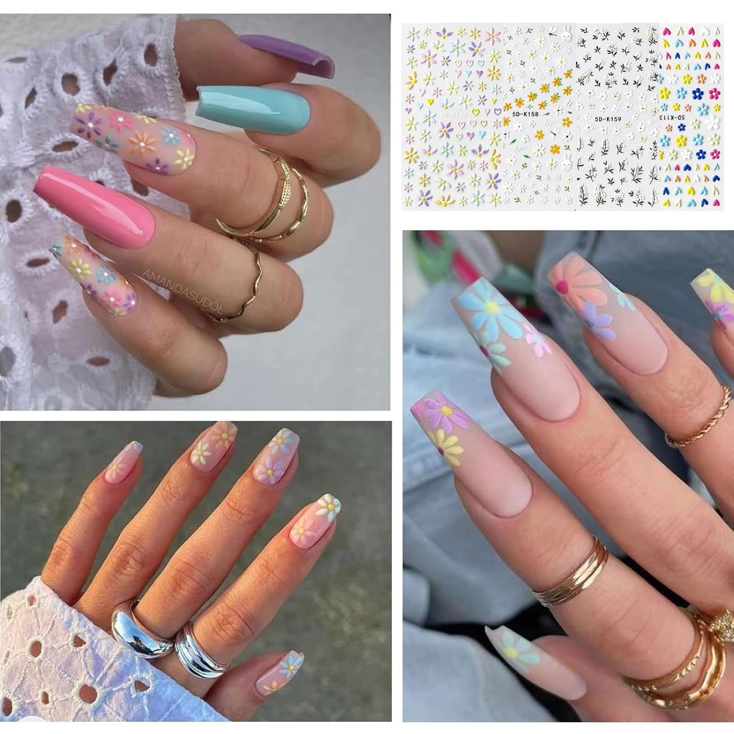 Nagelsticker Set Für Einzigartiges Nageldesign, 4 Blatt Frühlingsthemen Nail Art Zubehör, Perfekt Für 3D Gel Nägel Och UV Gel Strips