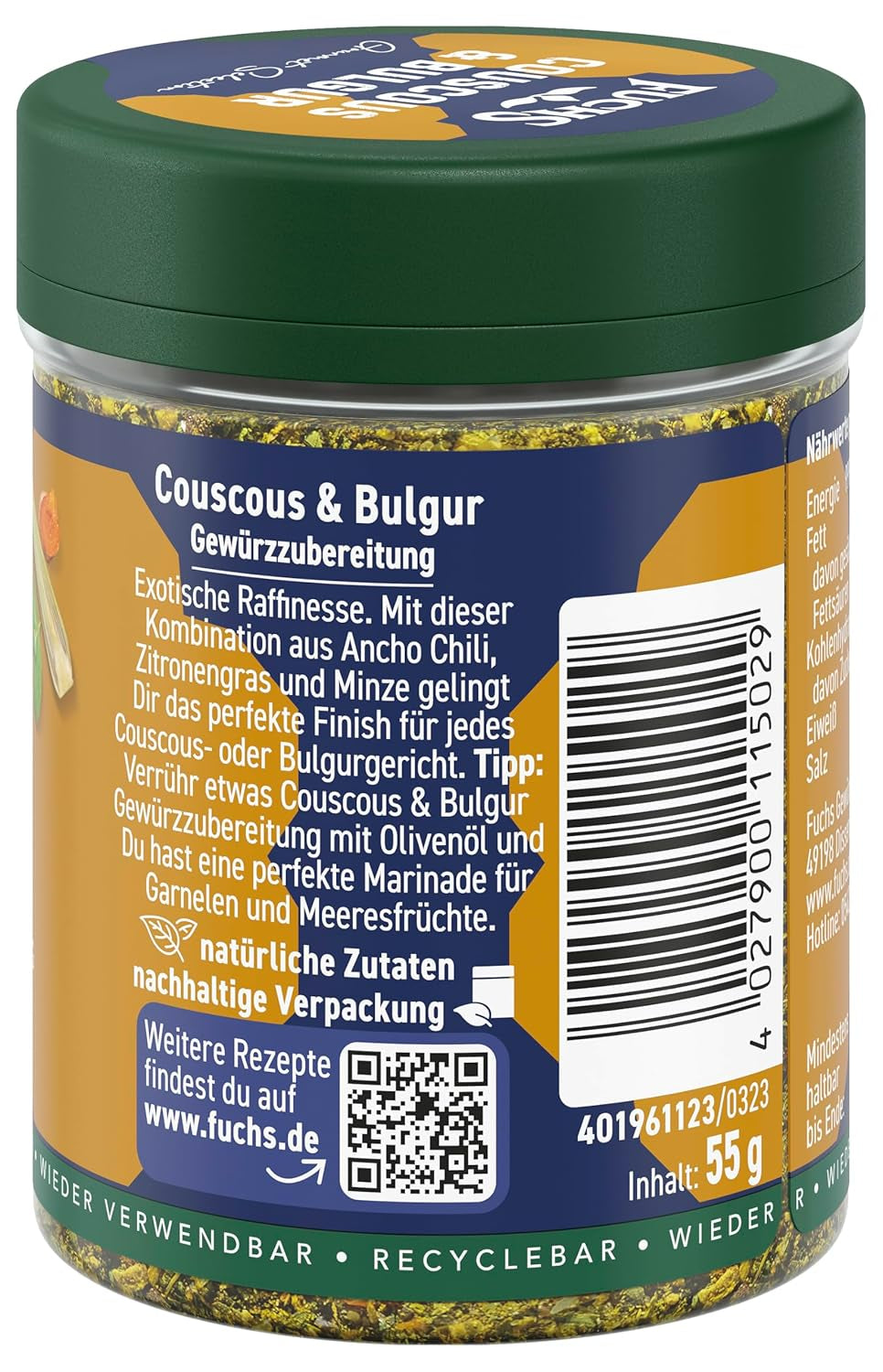 Fuchs Spices Gourmet Selection Mellanöstern/Afrika - Couscous och Bulgur Spice Mix Påfyllningsbar kryddmix för kryddning Bulgurrätter Vegansk 55g