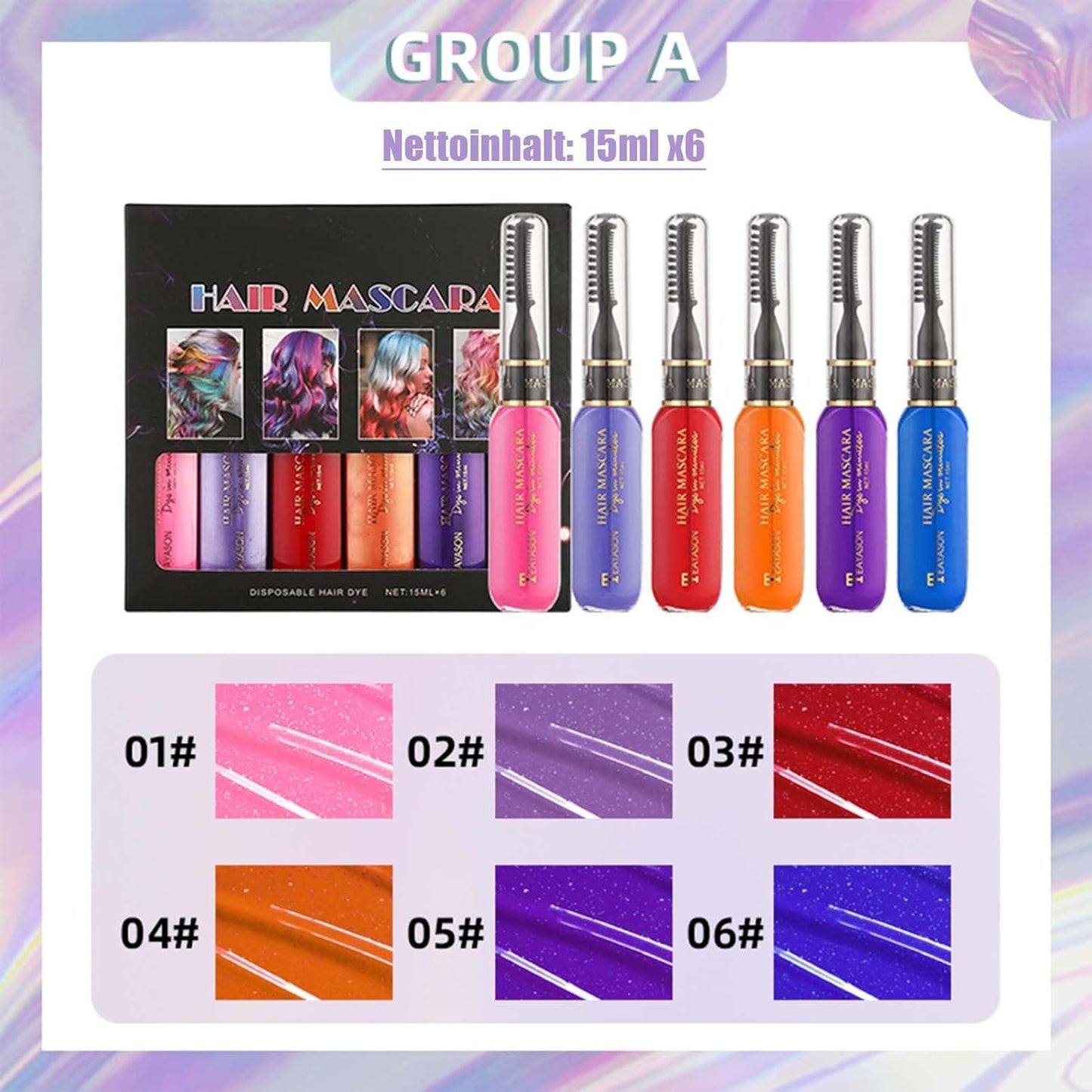 Instant Hair Dye 6 Colors Temporary Hair Mascara för flickor och kvinnor Tvättbart hår Krita Rainbow Hair Mascara Hårfärgning för Carnival Halloween Cosplay Party Födelsedag (A) Naty Shop Hårfärgning