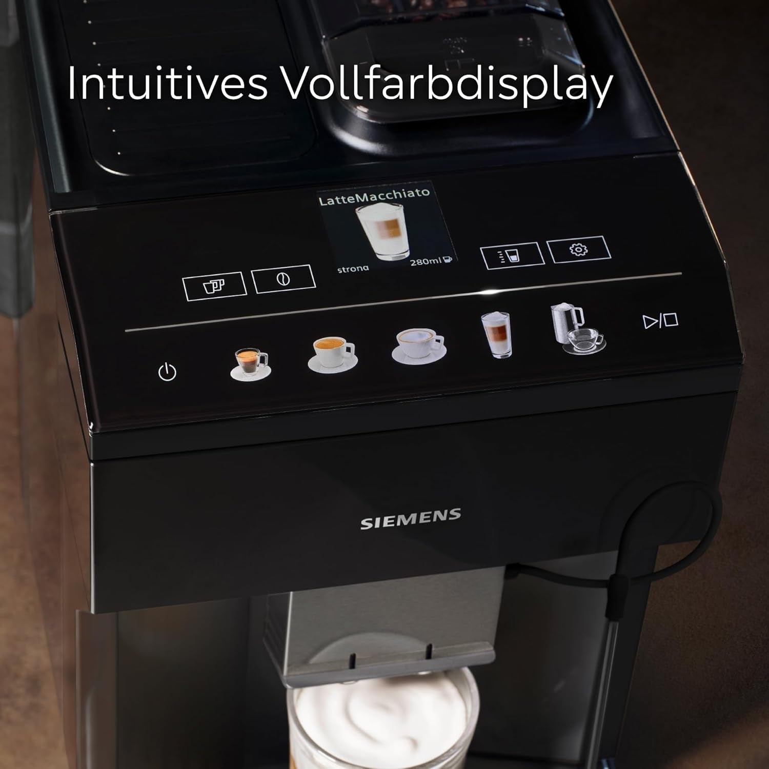 Siemens EQ500 klassisk automatisk espressomaskin, TFT färgskärm, 5 sorters kaffe och mjölk, dubbelkoppsfunktion, enkel rengöring, avtagbar bryggenhet, med mjölkslang, svart, TP511E19