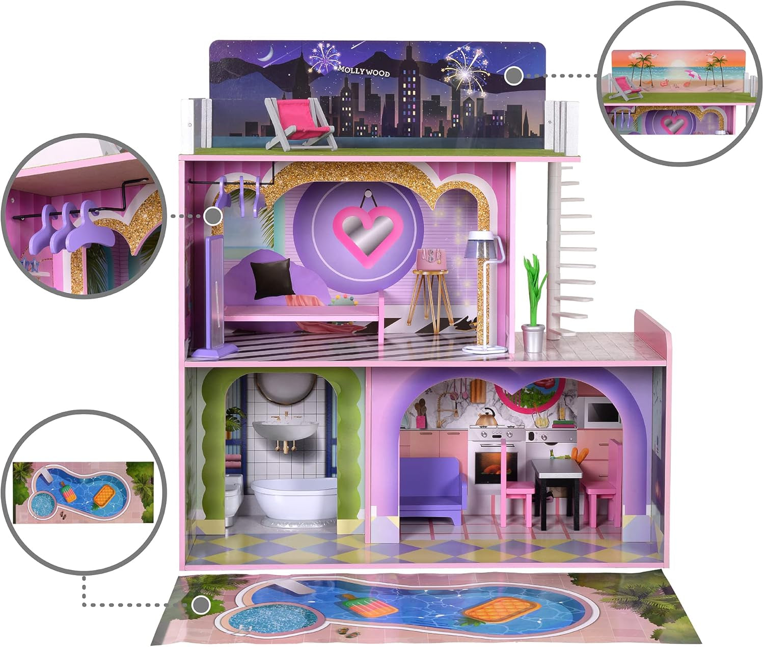 Olivia's Little World Big Dreamland Sunset samtida 3-våningars interaktivt dockhus i trä för barn med 16 dockmöbler Flerfärgade TD-13616A
