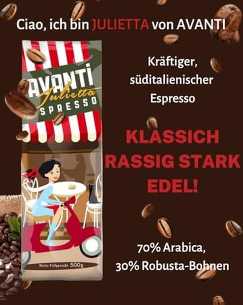 AVANTI Julietta Espresso kaffebönor, 500g, 70% Arabica 30% Robusta, traditionell trumrostning