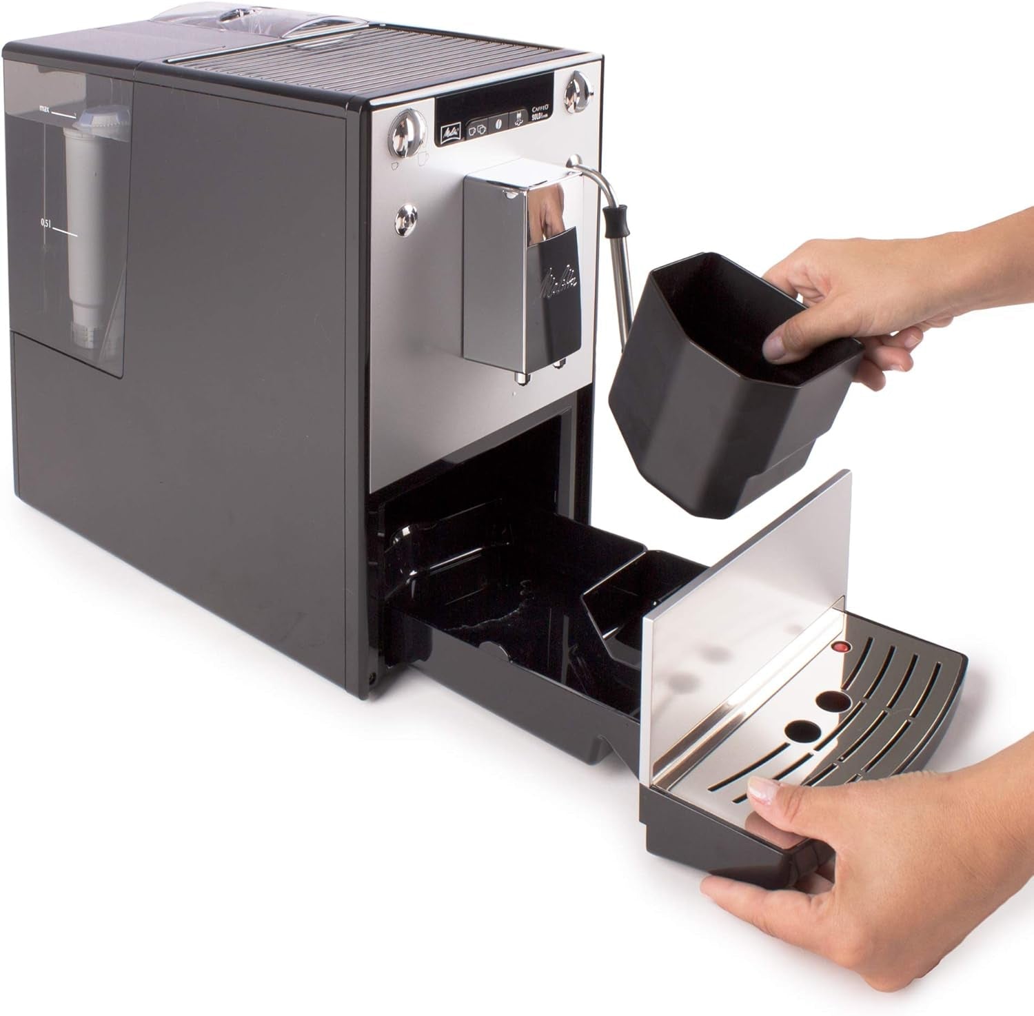 Melitta Solo & Milk - helautomatisk slim kaffemaskin med mjölkskummare, kaffemaskin med avtagbar vattentank, t.ex. kaffe eller cappuccino, silver