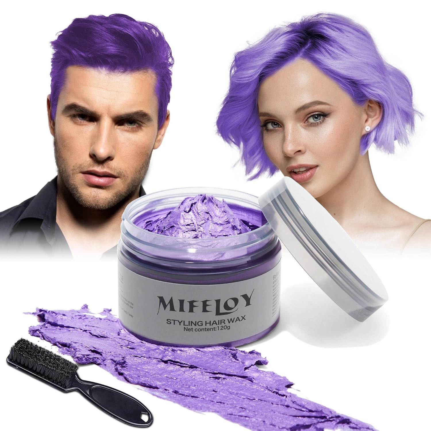 4,23 oz Lila hårton Tillfällig hårfärg med borstar, män Kvinnor Styling Hårton Vax, Instant Hair Cream Mud Naturlig frisyr Pomada, DIY Cosplay Halloween Hårvax Hårfärg Naty Shop Lila