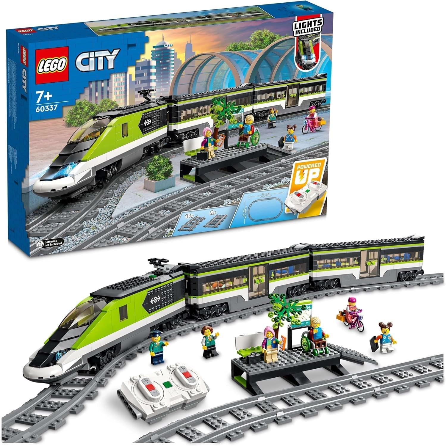 LEGO City Passenger Express Train, Fjärrkontrollerad tågsats, Järnvägsleksak med strålkastare, 2 vagnar och 24 spårelement, Present för barn, pojkar och flickor 60337 Byggset Besuche den LEGO-Store Single