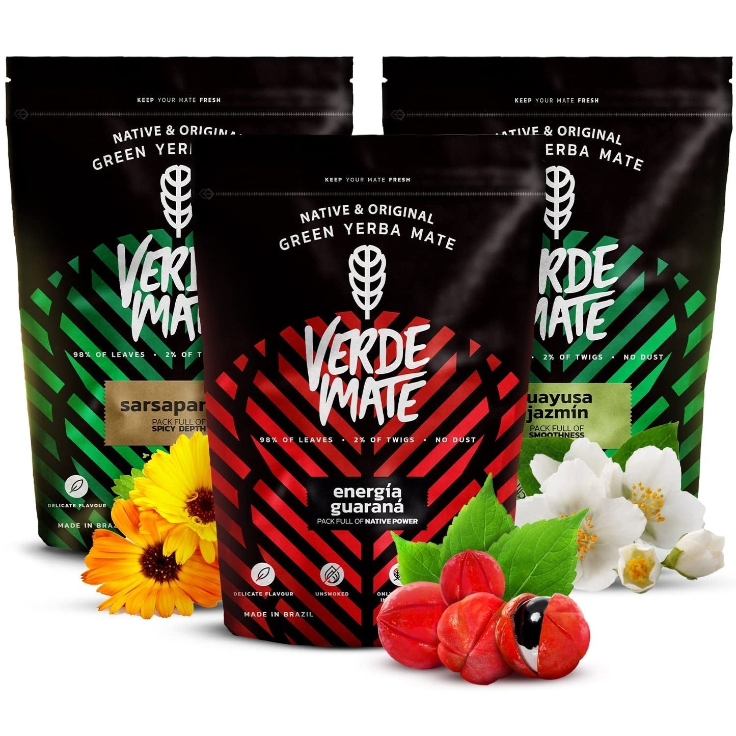 Herbal Yerba Mate Tea Set | Yerba Mate med örter | Green Mate Green Energy Guarana, Guayusa Jazmin, Sarsaparilla | Brazilian Green Yerba Mate | 3X500G