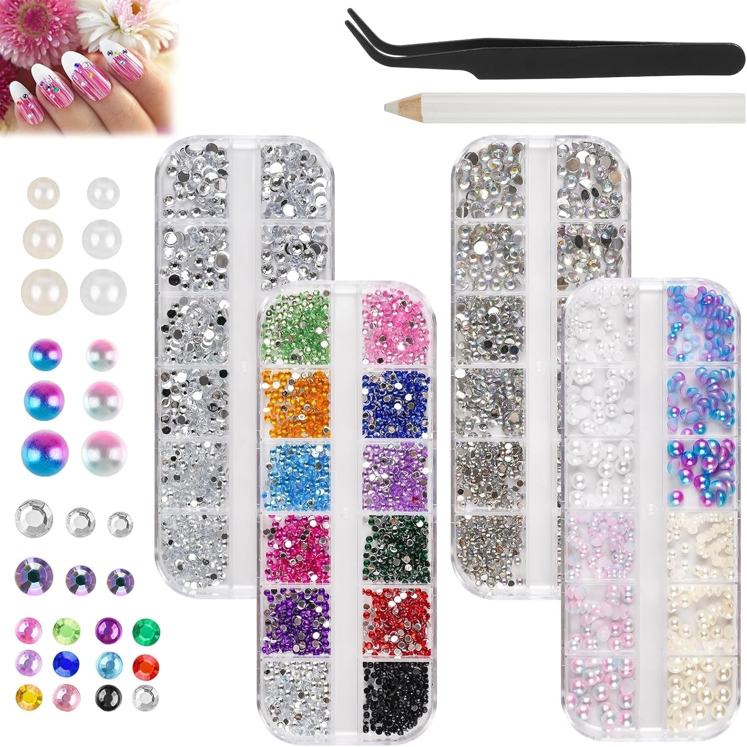 5820 Stück Strasssteine ​​Nägel, Glitzersteine ​​Nägel Und Halbrunde Perlen, AB Kristall Rhinestones, Flatback Nagel Steine ​​Mit Pinzette Und Stift Für Nagel/Diy (Mehrere Größen Und Farben)