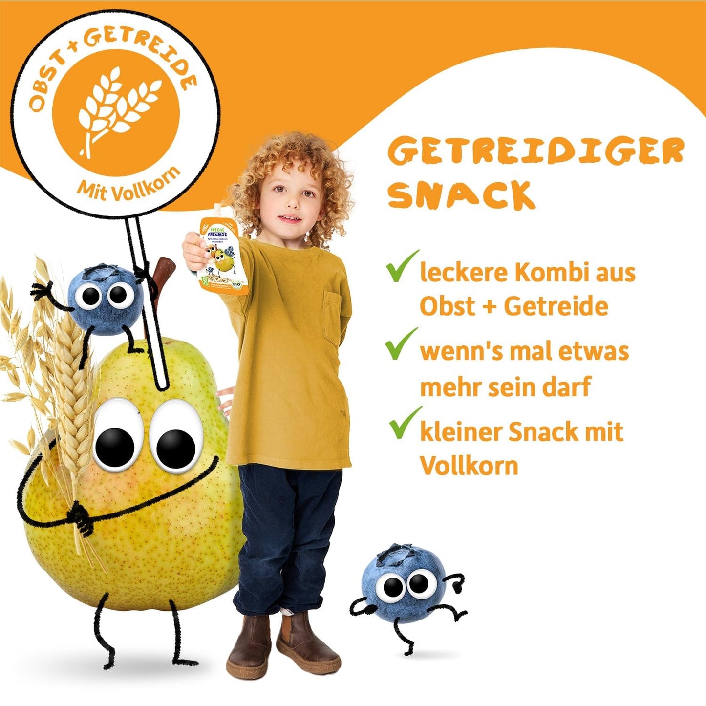 FRECHE FREUNDE Bio Quetschie Apple, Erdbeere, Himbeere mit Grieß, Fruchtmus mit Getreide i Quetschbeutel für Babies från 6. Månad, vegansk, 6er Pack (6 x 100g)