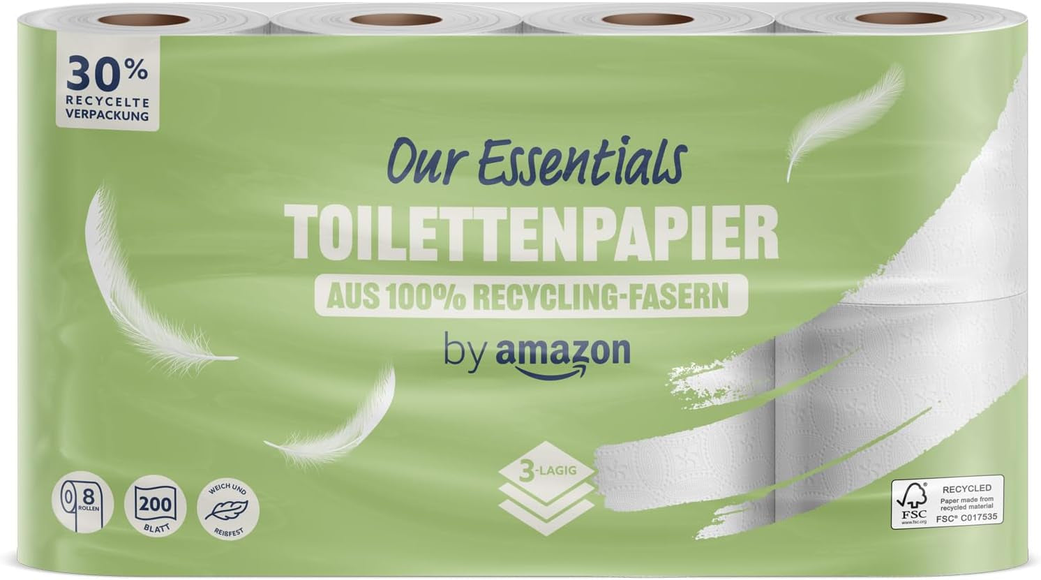 By Amazon Toalettpapper, 3 lager, 10 rullar (10 rullar, 1-pack) 200 ark per rulle, Fsc-certifierad