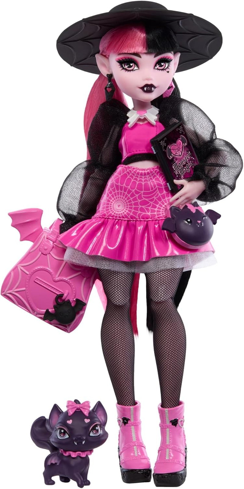 Monster High Draculaura-docka med sitt husdjur, fladdermuskatten, Count Fabulous och tillbehör som en ryggsäck, en trollformelbok, en bento-box och mer, HRP64